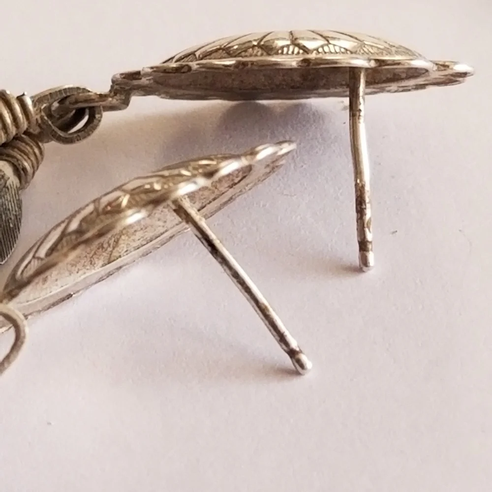 Vintage earrings Sterling Silver shield post Feather dangles 925 old pawn